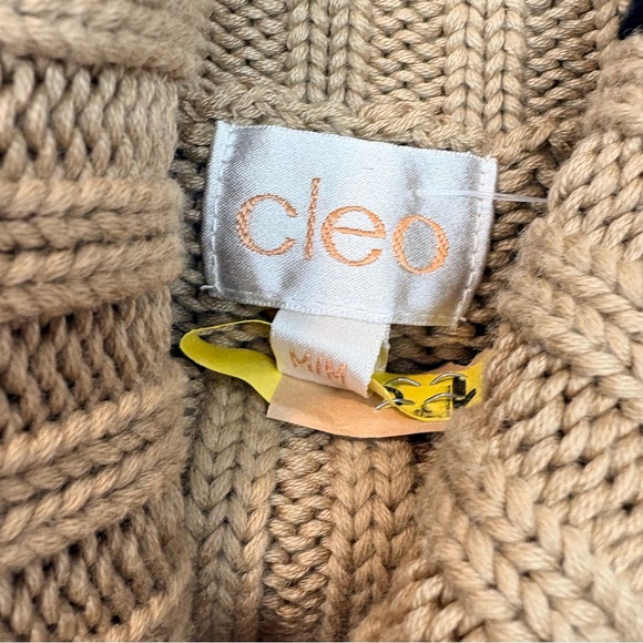 Cleo Cable Knit Split Turtleneck Sweater Camel Navy Trim Cozy Knit - Picture 7 of 11